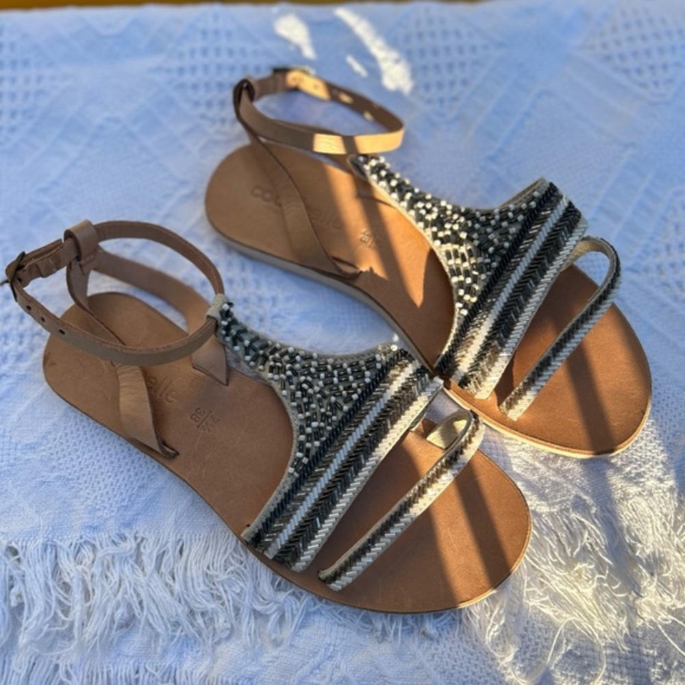 Cocobelle Leather Tan Jeweled Sequin strappy sandals size 7.5 38 NEW